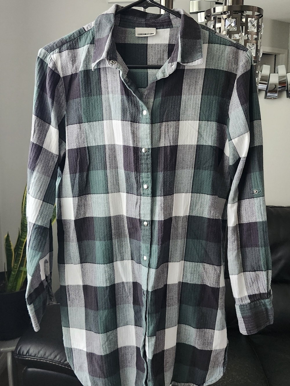 Noisy May Green Black White Plaid Button-Down Shirt
